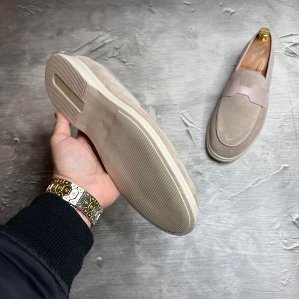 Лофери чоловічі замшеві бежеві весняні / літні 8002 віз | Стильні бежеві чоловічі замшеві туфлі лофери 8002 віз фото